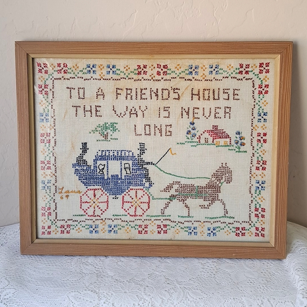 Vtg 60s Cross Stitch Sampler Hackney Horse & Buggy Embroidery Wood Frame 1969